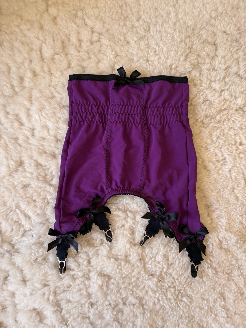 Kiss Me Deadly Purple Satin Bralette, Panty and Garter Set Size S/M - Picture 5 of 7